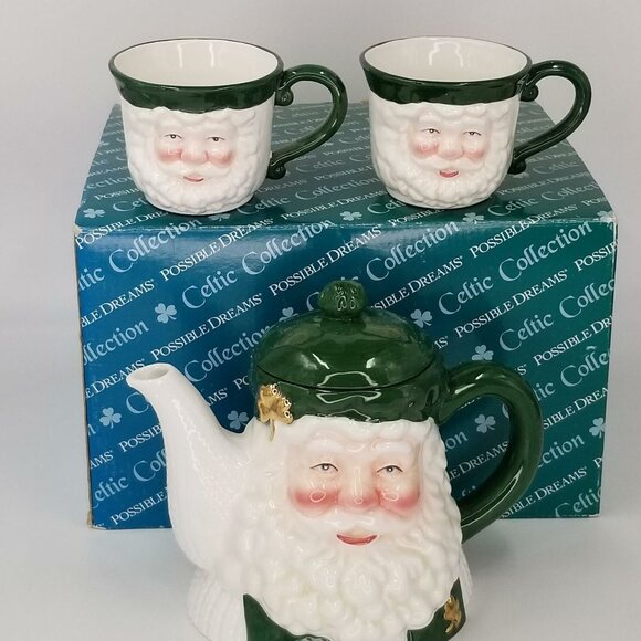 Celtic Collection Coffee Tea Cocoa Pot Irish Santa Mugs Green Shamrock New - Picture 1 of 11